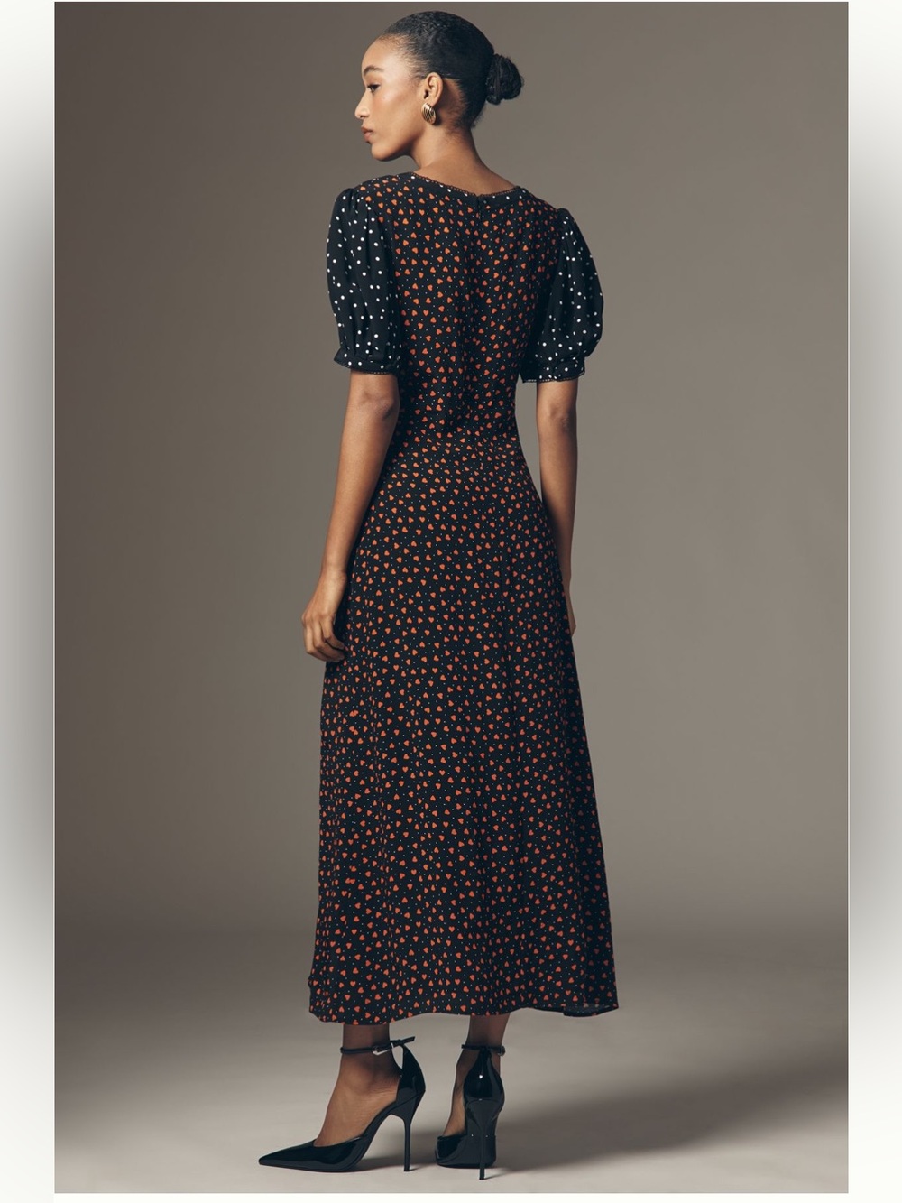 NWT Maeve Black Dress with Red Heart Print and Polka Dot Puff Sleeves - Picture 3 of 8